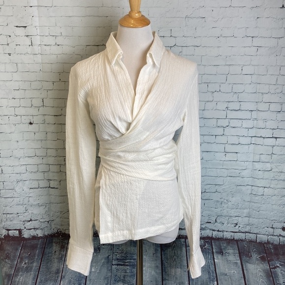 Just BEE Queen NWT Valentina Puckered Ivory Linen Long Sleeve Wrap Top Artisan - Picture 5 of 16